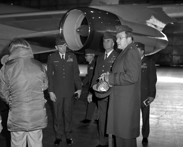 During GEN Robert C. Mathis' tour of the base, he is escorted by LGEN Winfield W. Scott Jr., commander, Alaskan Air Command, and COL Carl W. Granberry, base commander