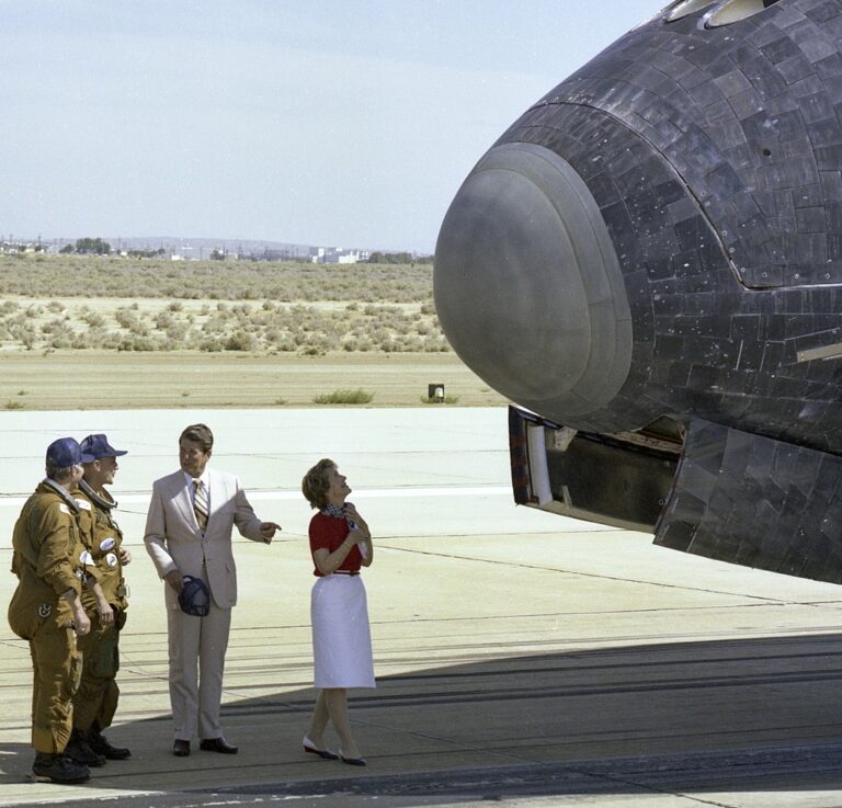 President and Mrs. Reagan with crew of OV-102 Columbia STS-4 after landing at Edwards..7/4/82.NASA DFRC.EC82-20211